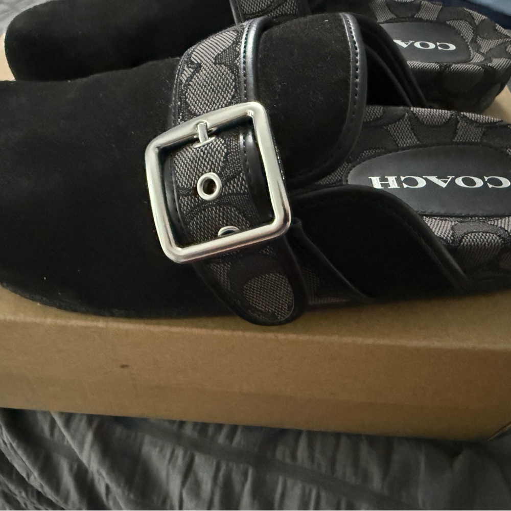Coach Black Suede Clogs with Silver Buckle - Picture 6 of 8